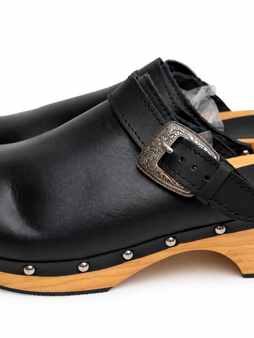 Maje Black Leather Platform Wood Clogs Studded Buckle NWOB 40 US 9.5 - Picture 6 of 11
